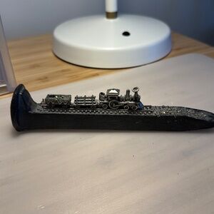 Miniature Pewter Train On A Railroad Spike With Iron Pyrite Load (Fools Gold)